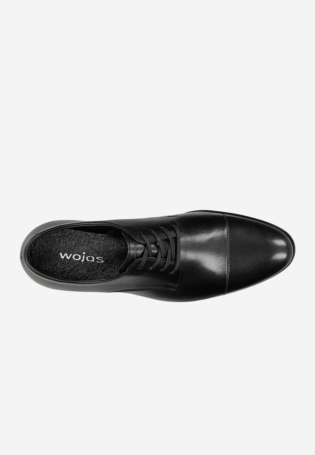 Czarne męskie półbuty Wojas model 9036-51 z widokiem z góry. Eleganckie skórzane obuwie z zaokrąglonym noskiem, sznurowaniem i wyraźnym logo marki na wkładce.