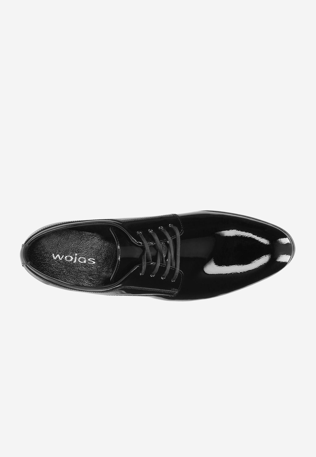 Czarne lakierowane męskie półbuty Wojas model 9005-31 w stylu formal, widok z góry. Eleganckie buty ze sznurówkami i błyszczącą powierzchnią, z widocznym logo marki wewnątrz.