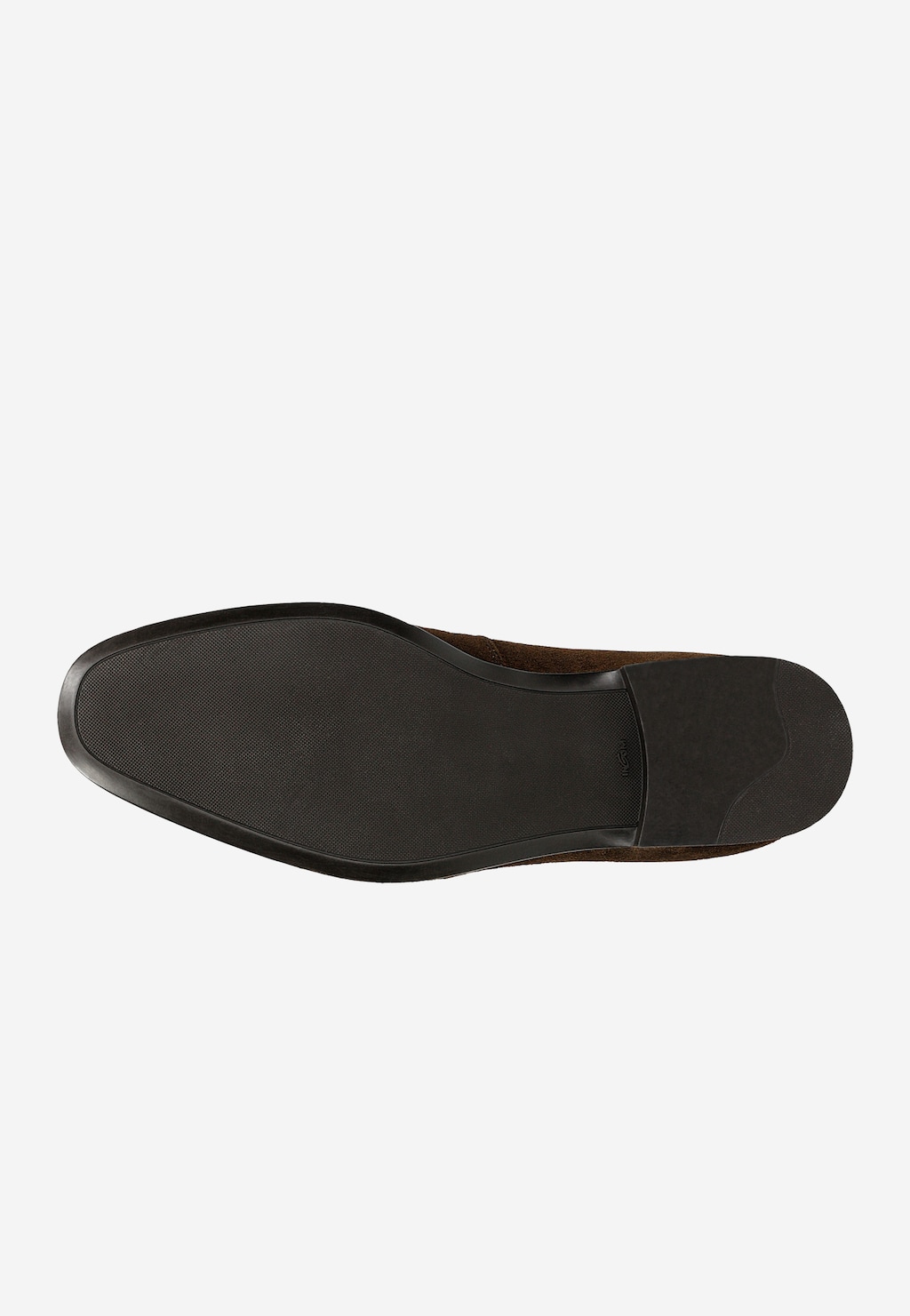 Podeszwa brązowych loafersów męskich Wojas model 10196-62 z dwoiny welurowej, widok od spodu pokazujący czarną, antypoślizgową powierzchnię z teksturą.
