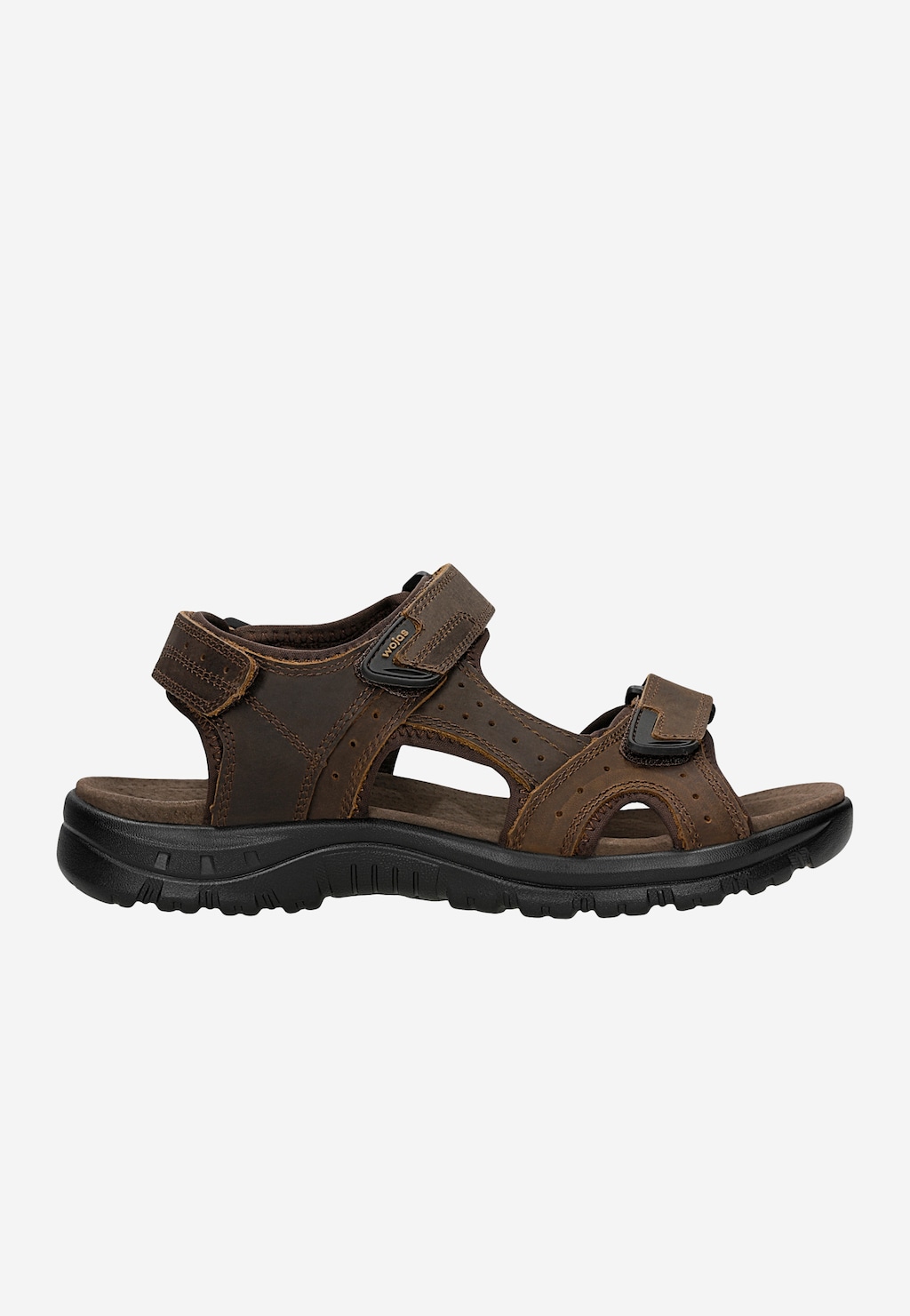 Brązowe sandały męskie Wojas 29014-92 ze skóry crazy horse z podwójnymi zapięciami na rzepy, perforacjami i wygodną czarną podeszwą, widok z boku.