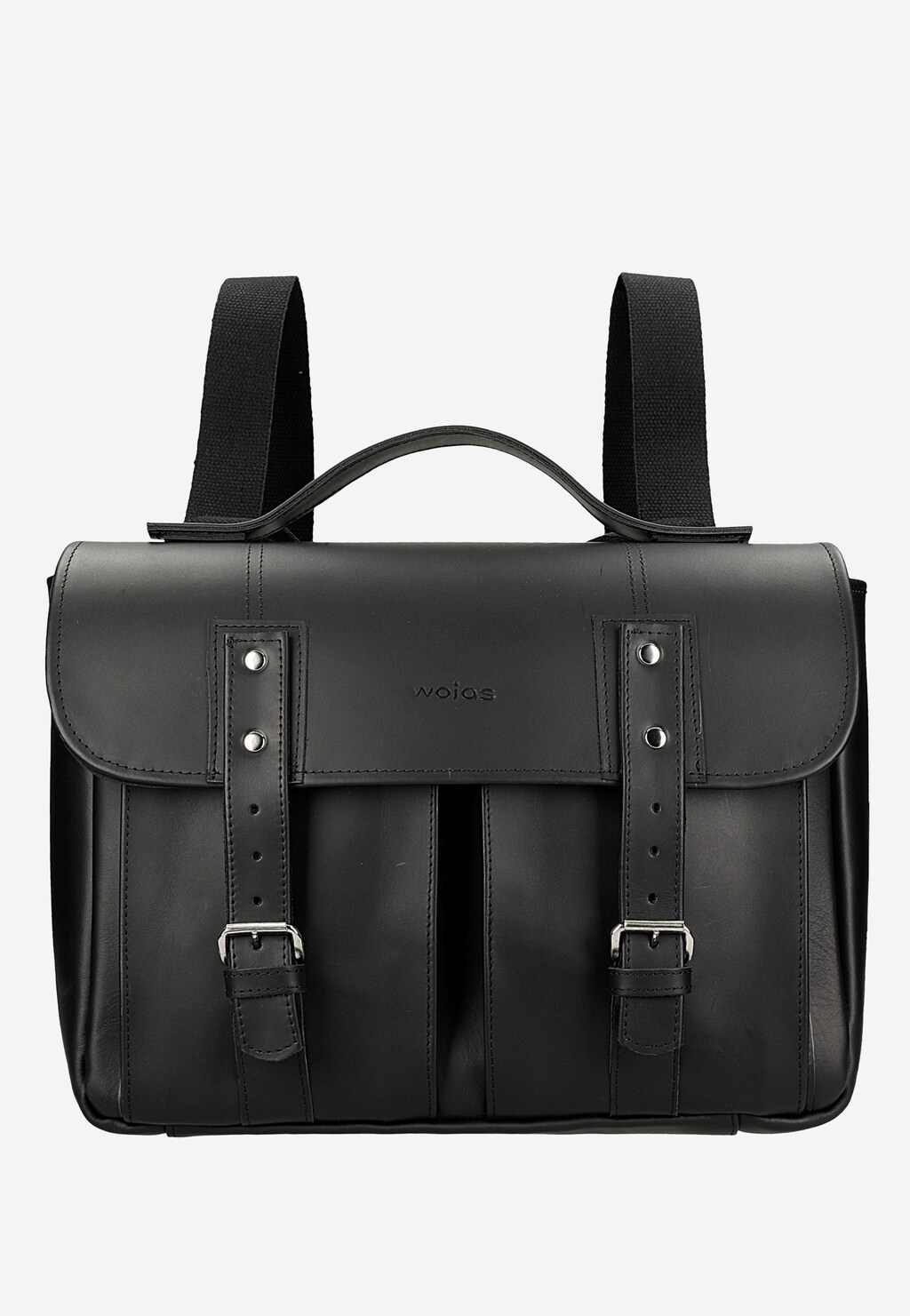 Czarna skórzana torba-plecak 2w1 Wojas model 80399-51 z przodu. Widoczne paski naramienne, uchwyt górny i przednie kieszenie z klamrami i logo marki.