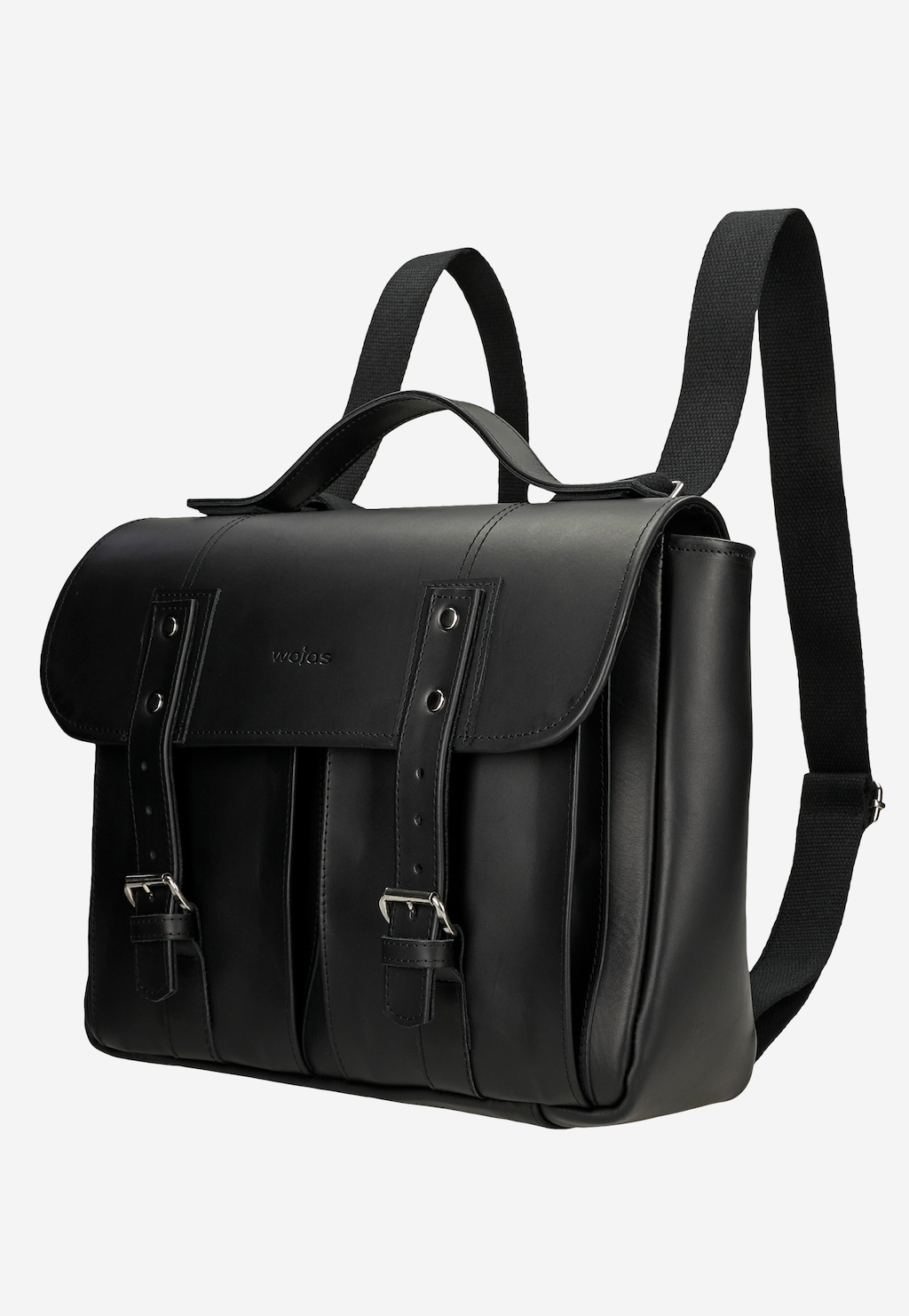 Czarna skórzana torba-plecak 2w1 Wojas model 80399-51 z klapą, klamrami i tekstylnymi szelkami, prezentowana z boku, ukazująca funkcjonalność i elegancki design.