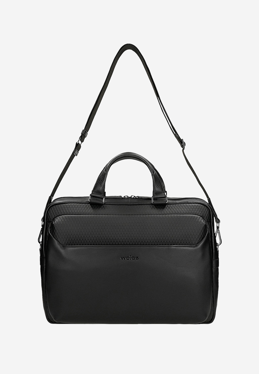 Elegancka czarna skórzana torba męska Wojas model 90024-81 z przegrodą na laptopa, wyposażona w uchwyt i regulowany pasek na ramię, widoczna z przodu.