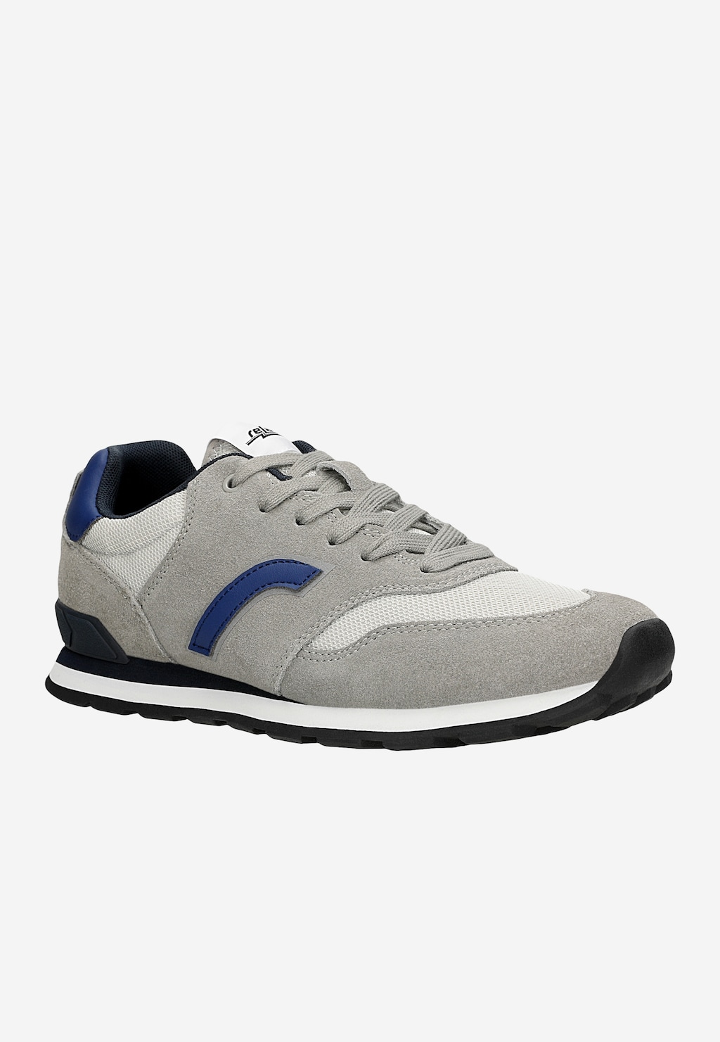 Popielato-niebieskie sneakersy RELAKS model R34202-80 z charakterystycznymi niebieskimi wstawkami, zamszową cholewką i siateczkową strukturą, widok z boku.