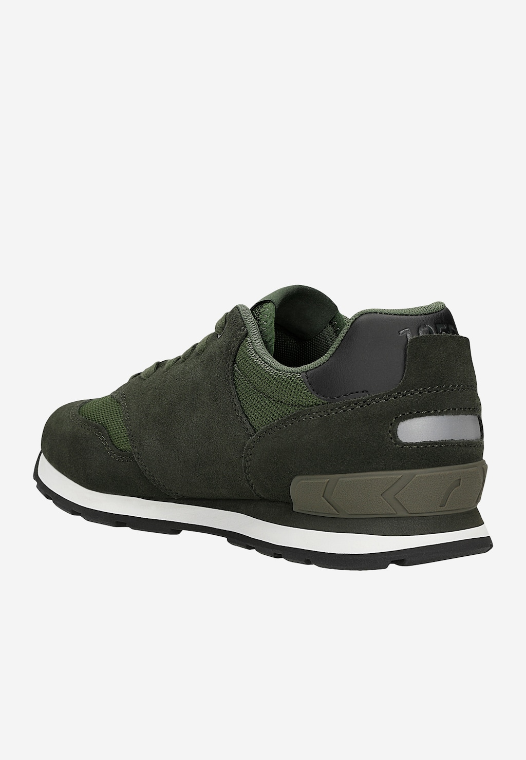 Sneakersy RELAKS model R34202-87 w ciemnej zieleni, widok z boku, wykonane z zamszu i siateczki, z białą podeszwą i charakterystycznym logo na pięcie.