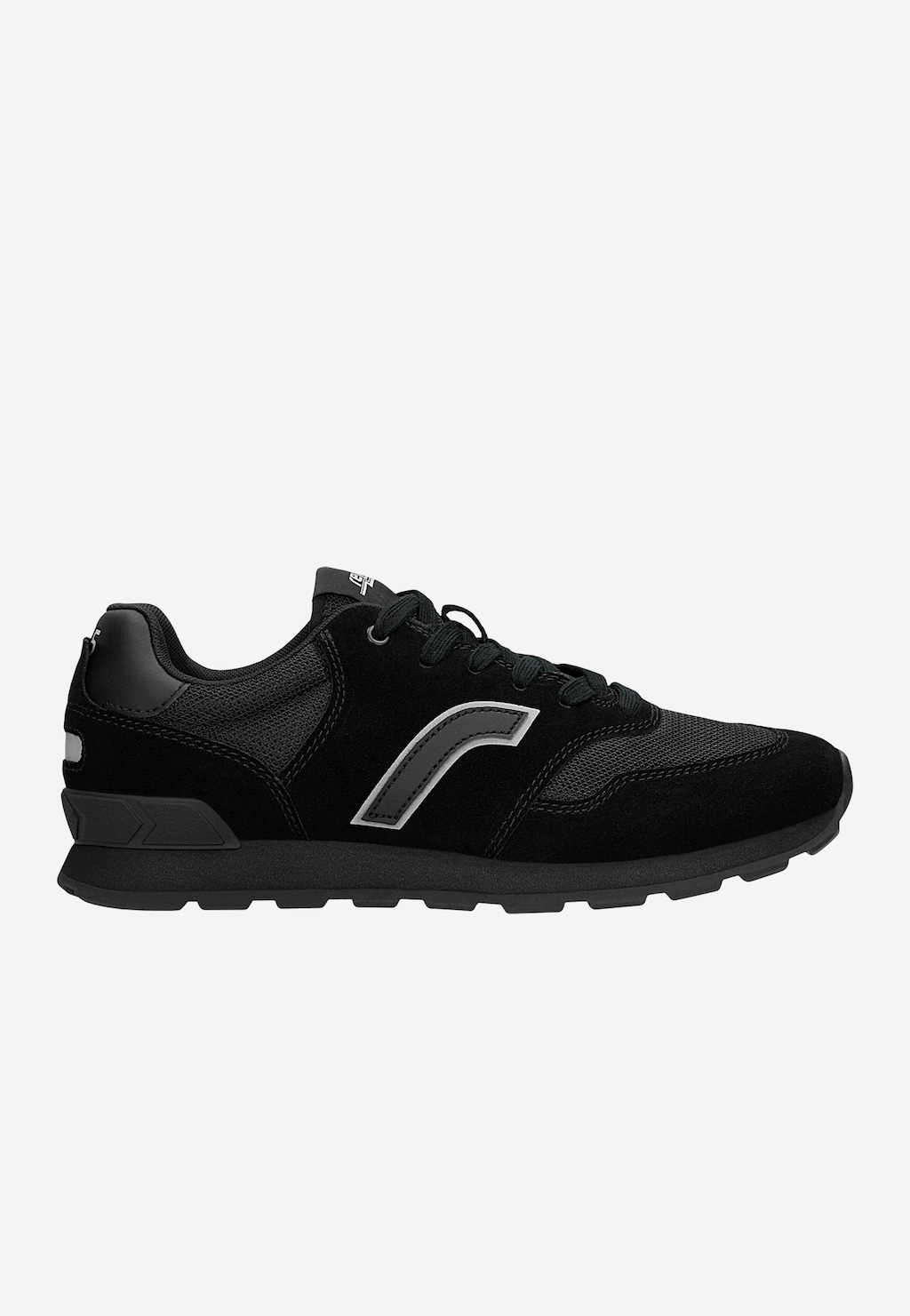 Czarne sneakersy RELAKS model R34202-81 z materiału i dwoiny welurowej, widok z boku. But z szarym logo R na cholewce i profilowaną podeszwą.