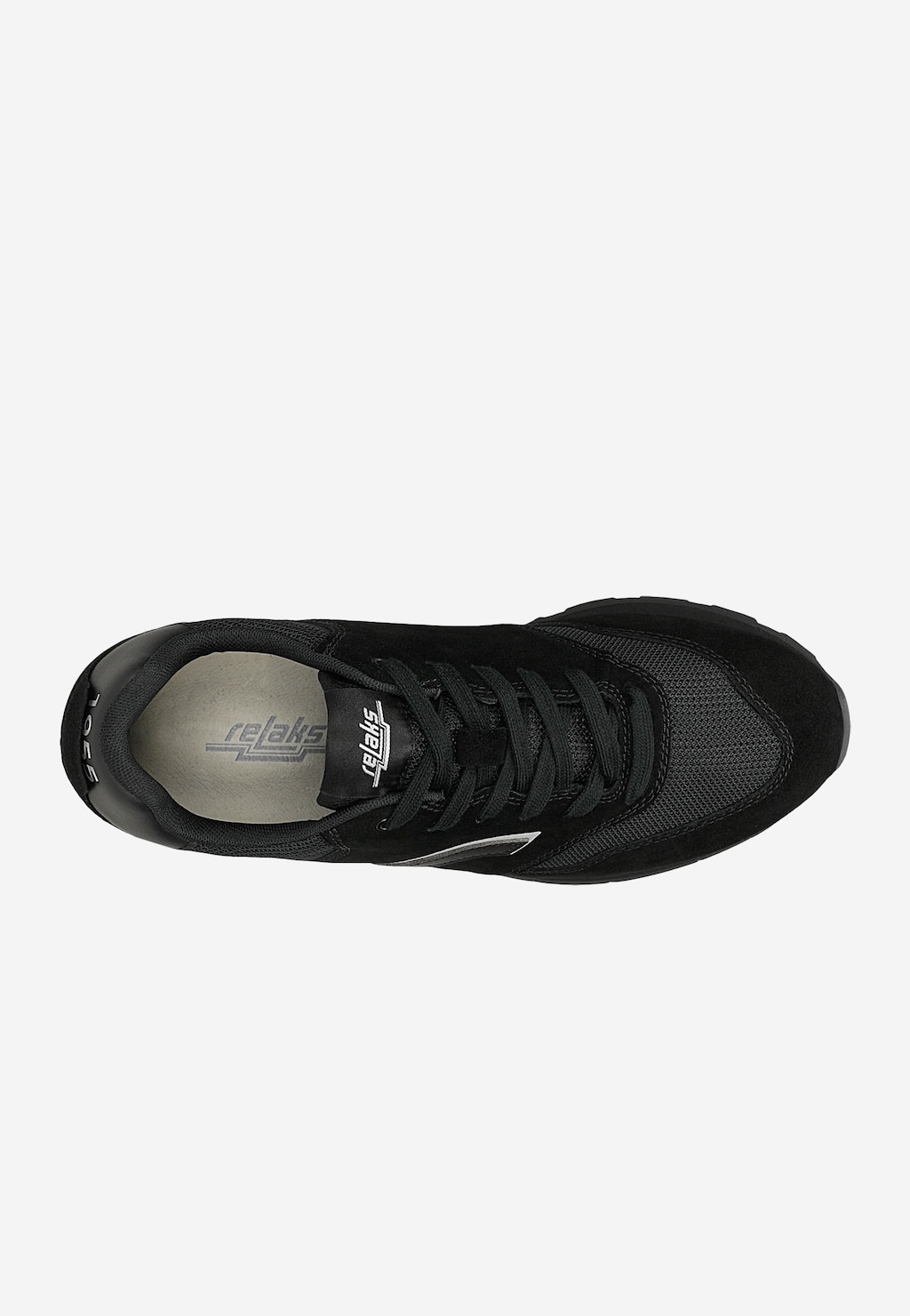 Czarne sneakersy RELAKS model R34202-81 z góry, wykonane z połączenia materiału i dwoiny welurowej, z widocznym logo marki na wkładce i języku.