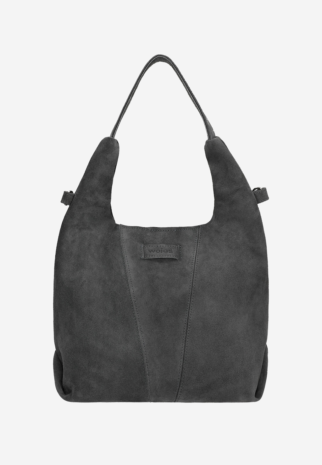 Grafitowa duża torebka damska Wojas model 80446-61 wykonana z miękkiej dwoiny, z charakterystycznym przeszyciem w kształcie litery V i podwójnymi uchwytami.