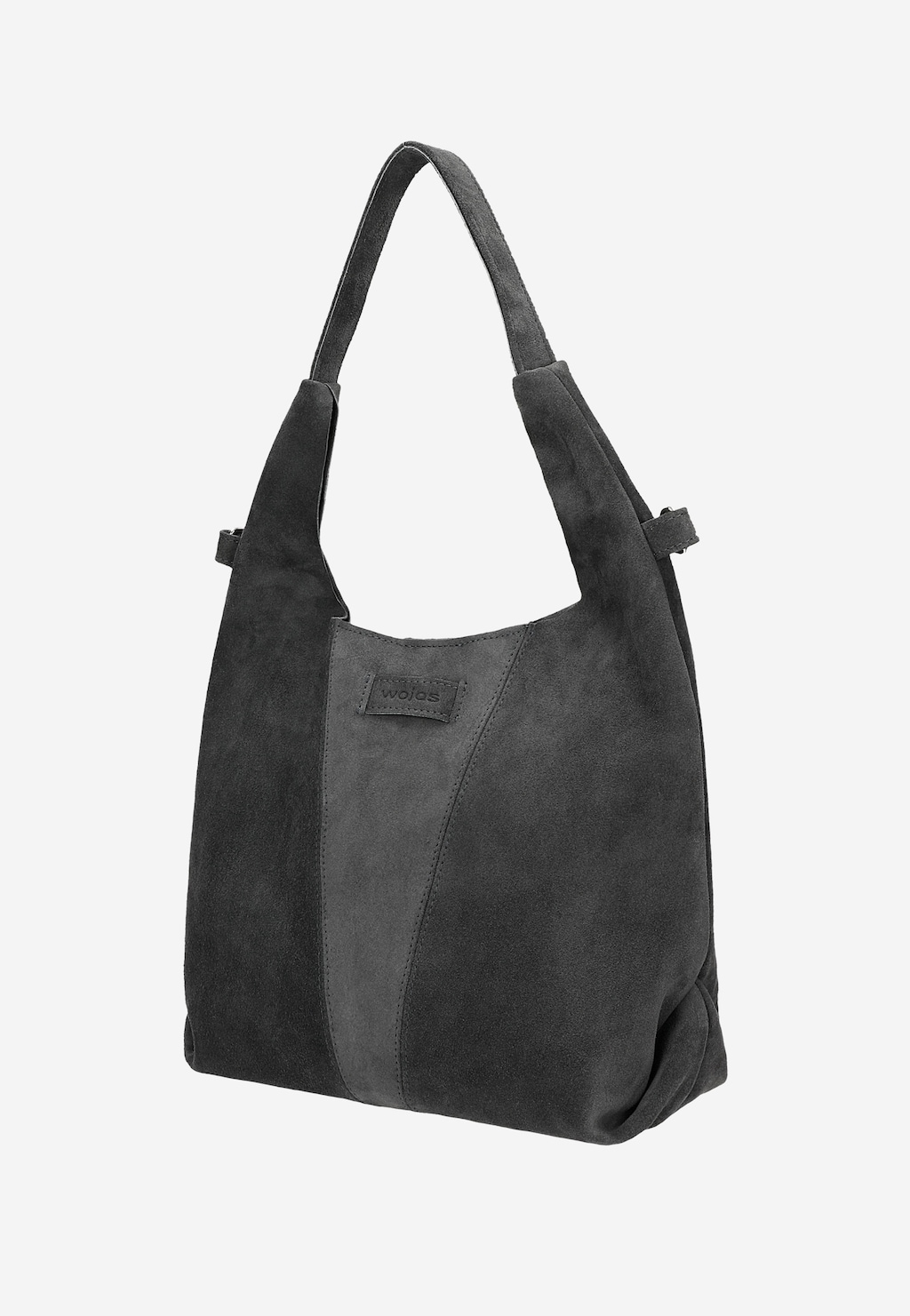 Grafitowa duża torebka damska Wojas z dwoiny model 80446-61, z wygodnym uchwytem na ramię i dwukolorowym wzorem na przedniej części, wykonana z zamszu.