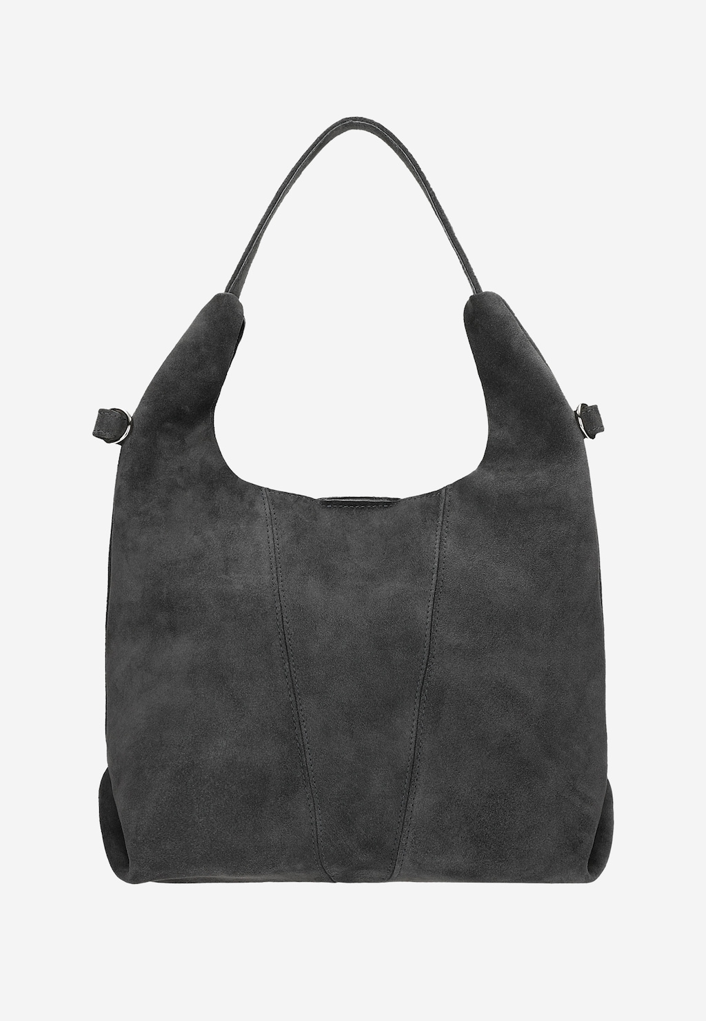 Grafitowa duża torebka damska Wojas z dwoiny model 80446-61 z długim uchwytem, widocznym przeszyciem i subtelnymi elementami ozdobnymi po bokach.