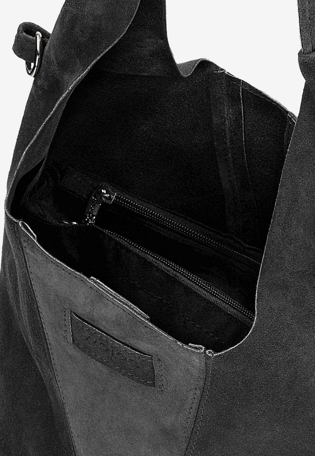 Grafitowa duża torebka damska Wojas model 80446-61 z dwoiny, z widocznym wnętrzem, kieszenią zapinaną na zamek i szerokim uchwytem na ramię.