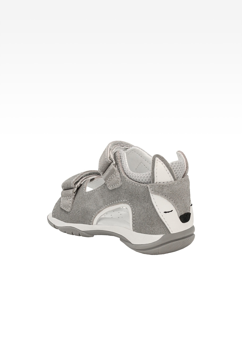 Szare dziecięce sandały Bartek model 84411-80 z regulowanym rzepem i dekoracyjną aplikacją wilka na pięcie, widoczne z boku.