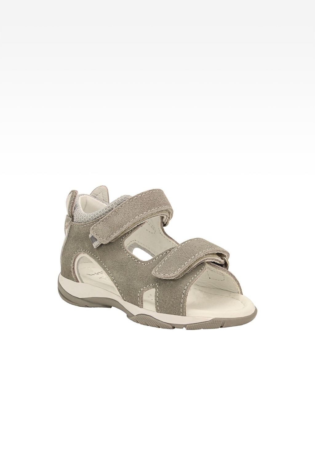 Szare sandały dziecięce Bartek model 84411-80 z zamszowej skóry, zapinane na dwa rzepy, z aplikacją wilka na pięcie. Wygodne obuwie letnie na białej podeszwie.