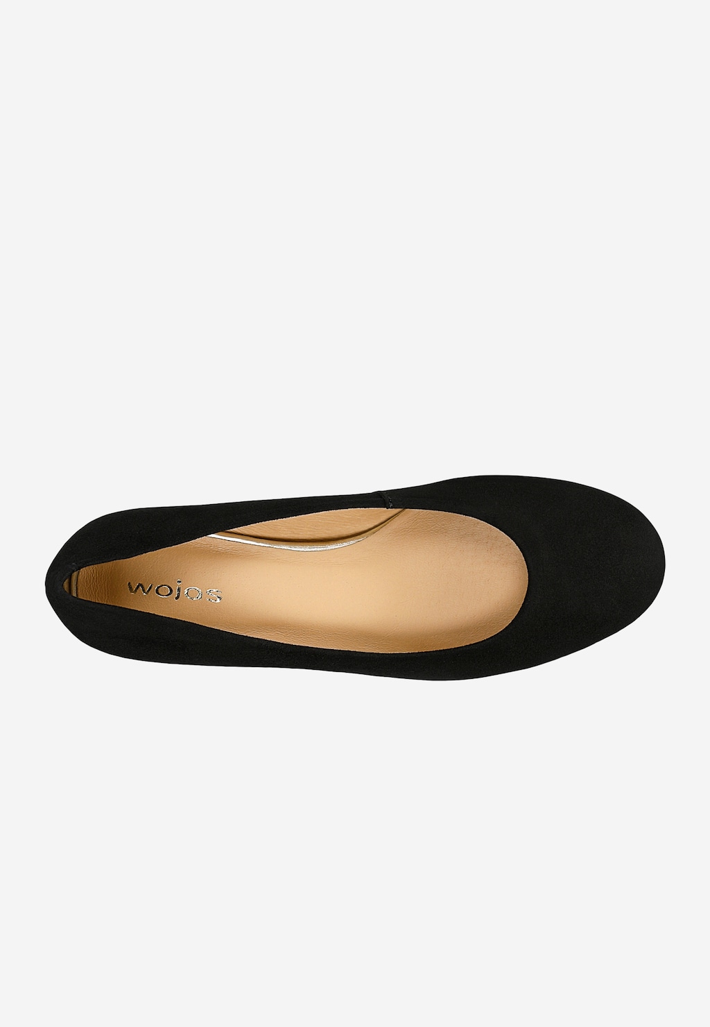 Czarne baleriny damskie Wojas model 44069-61 z widoczną beżową wyściółką wewnętrzną i logo marki, na niskim 2cm obcasie, widok z góry.