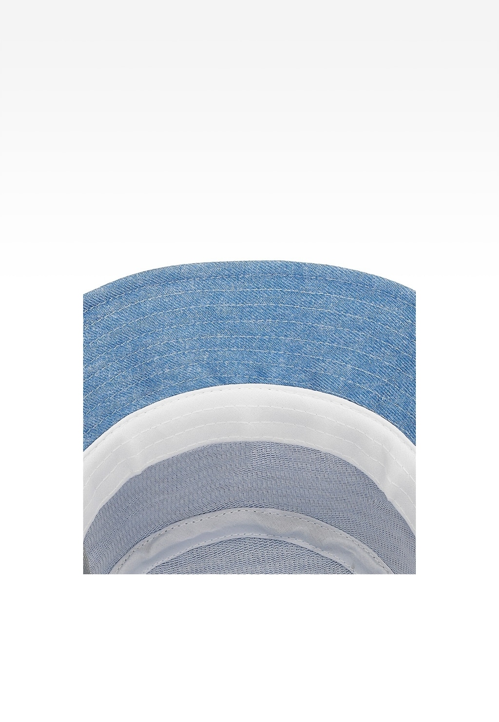 Niebieski dziecięcy kapelusz Bartek 85609-16 z materiału, widok z góry ukazujący wewnętrzną białą opaskę i niebieskie wykończenie ronda.