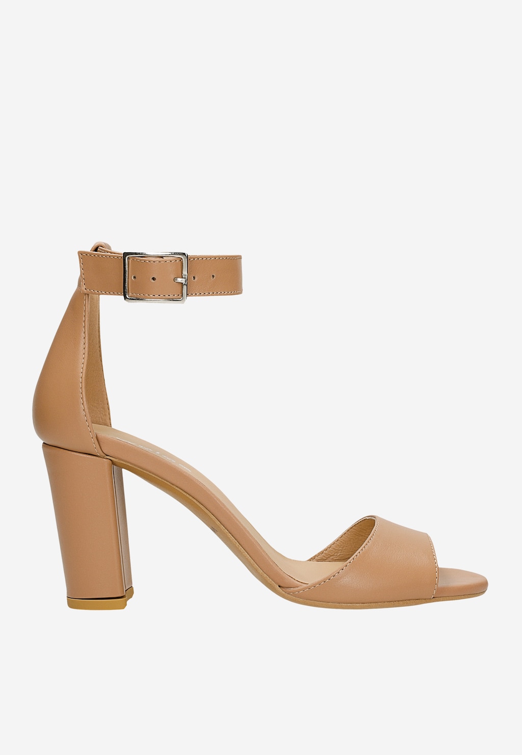 Brązowe sandały damskie Wojas model 76246-52 z paskiem na kostce i metalową klamrą, na eleganckim słupku, wykonane ze skóry w jasnobrązowym odcieniu.