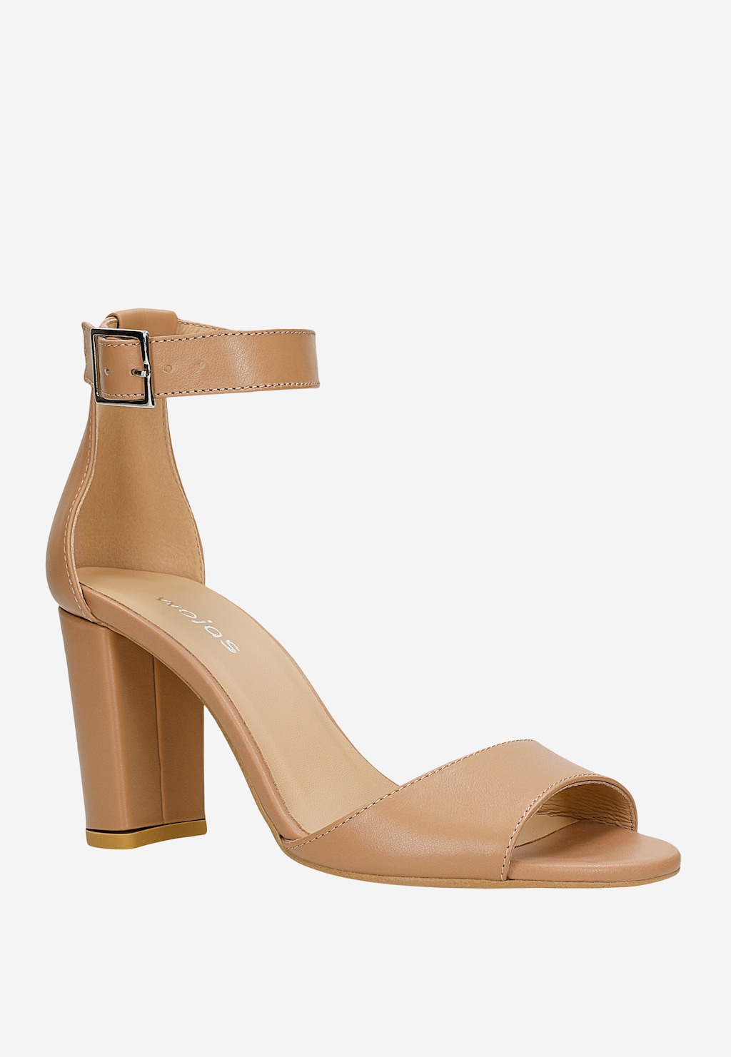 Brązowe sandały damskie Wojas model 76246-52 z paskiem na kostce, otwartym przodem i wysokim, stabilnym słupkiem. Eleganckie obuwie wykonane ze skóry.