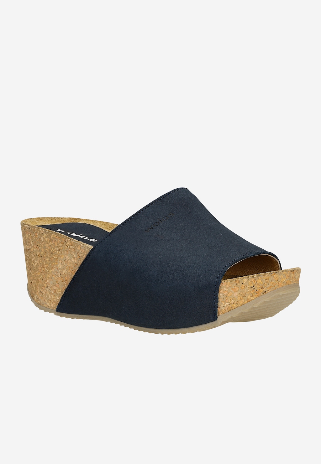 Granatowe klapki damskie Wojas 74021-26 z szerokim wierzchem, na korkowej koturnie. But ma wygodną podeszwę i elegancki wygląd, idealny na lato.