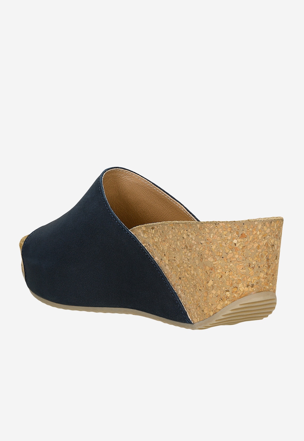 Granatowe klapki Wojas model 74021-26 z widocznym korkowym koturniem, ukazane z boku. Eleganckie wykończenie z beżową podeszwą i brązowym wnętrzem buta.
