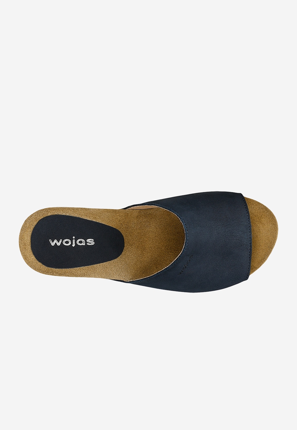 Granatowe klapki Wojas model 74021-26 na koturnie z korka, widok z góry. Widoczny szeroki granatowy pasek oraz beżowa wyściółka z czarną wkładką z logo marki.