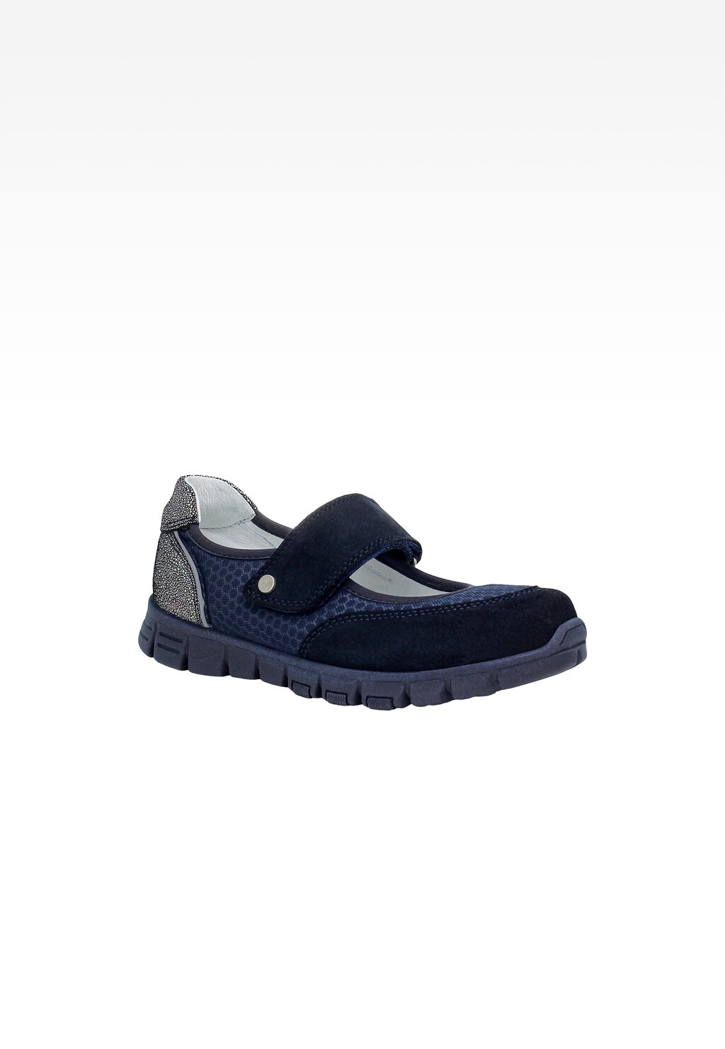 Granatowe sportowe czółenka dziecięce Bartek W-65026/SZ/RWR z zapięciem na rzep, widoczną teksturą materiału i srebrną wstawką na pięcie, na elastycznej podeszwie.