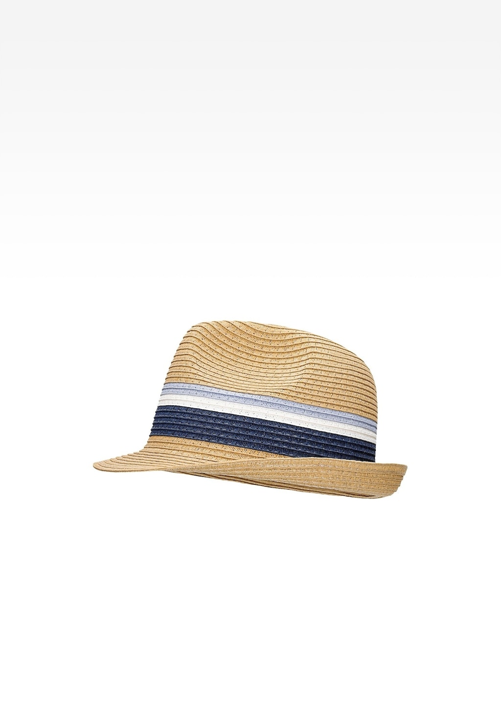 Pleciony słomkowy kapelusz z ozdobną wstążką w niebiesko-białe paski, model 85608-16 marki Bartek, ujęty z boku.
