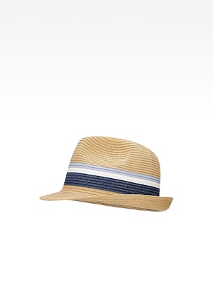 Pleciony kapelusz z niebiesko-białymi paskami
