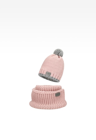 Różowy zestaw BARTEK dla dziewczynki czapka z odblaskowym pomponem + komin