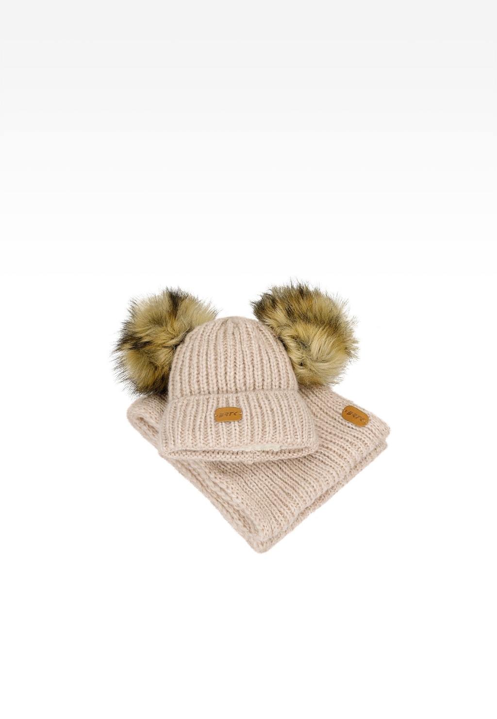 Zestaw zimowy z wełną merino BARTEK 85603-84 beżowa czapka z dwoma pomponami i komin Widok 4