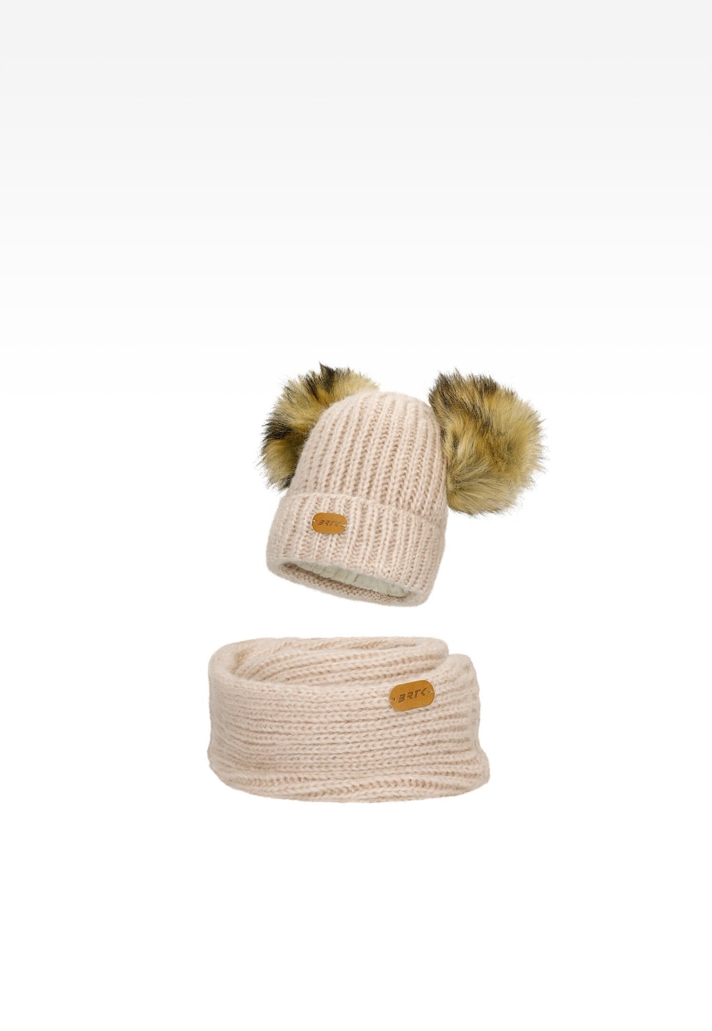 Zestaw zimowy z wełną merino BARTEK 85603-84 beżowa czapka z dwoma pomponami i komin Widok 1