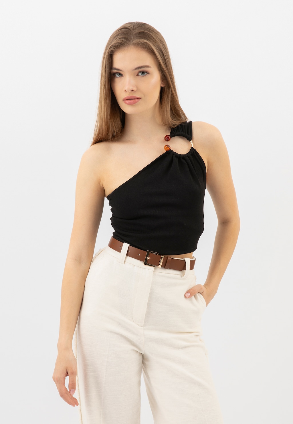 Brązowy skórzany pasek damski z kwadratową klamrą 93090-53 Widok 7