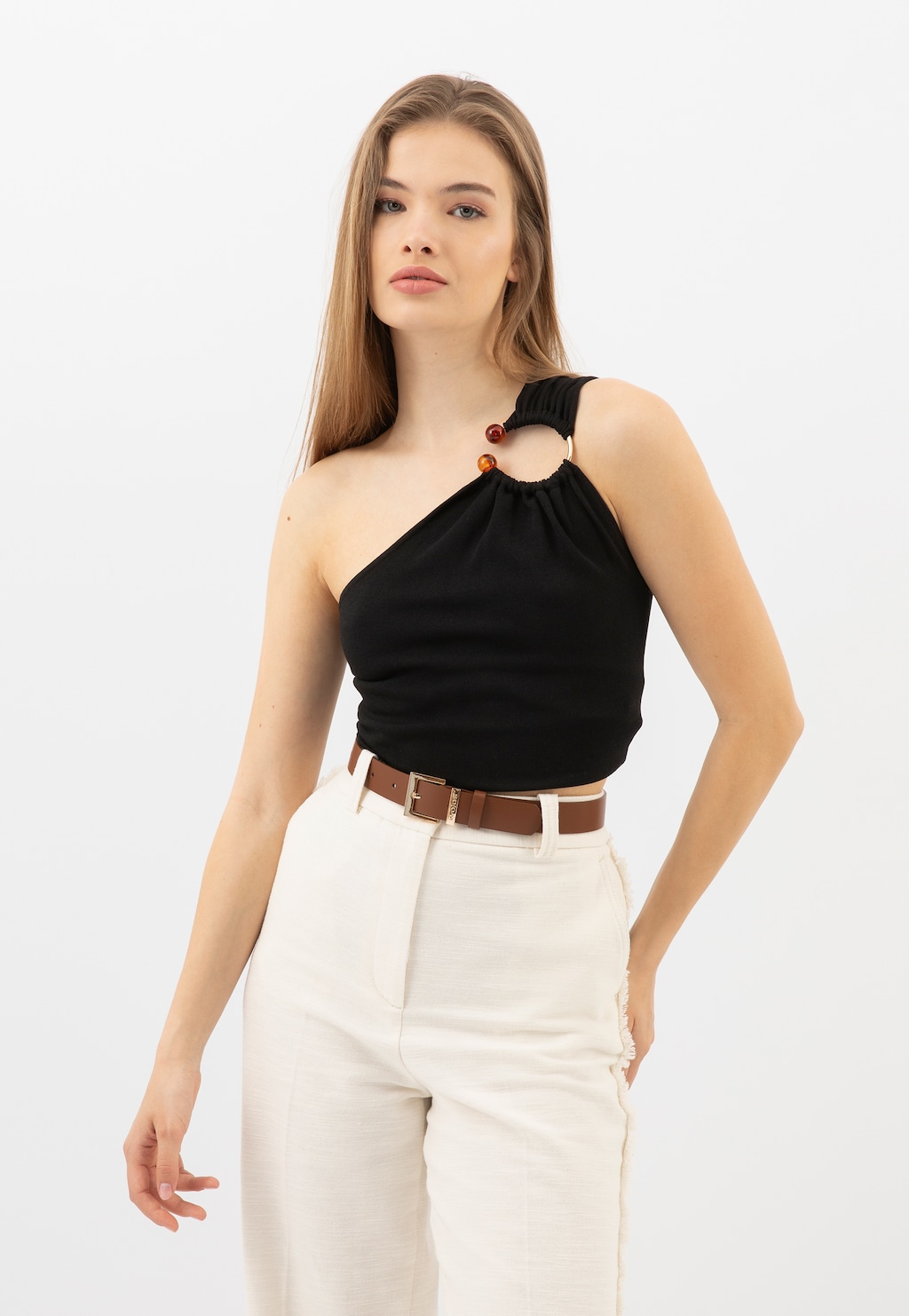 Brązowy skórzany pasek damski z kwadratową klamrą 93090-53 Widok 1