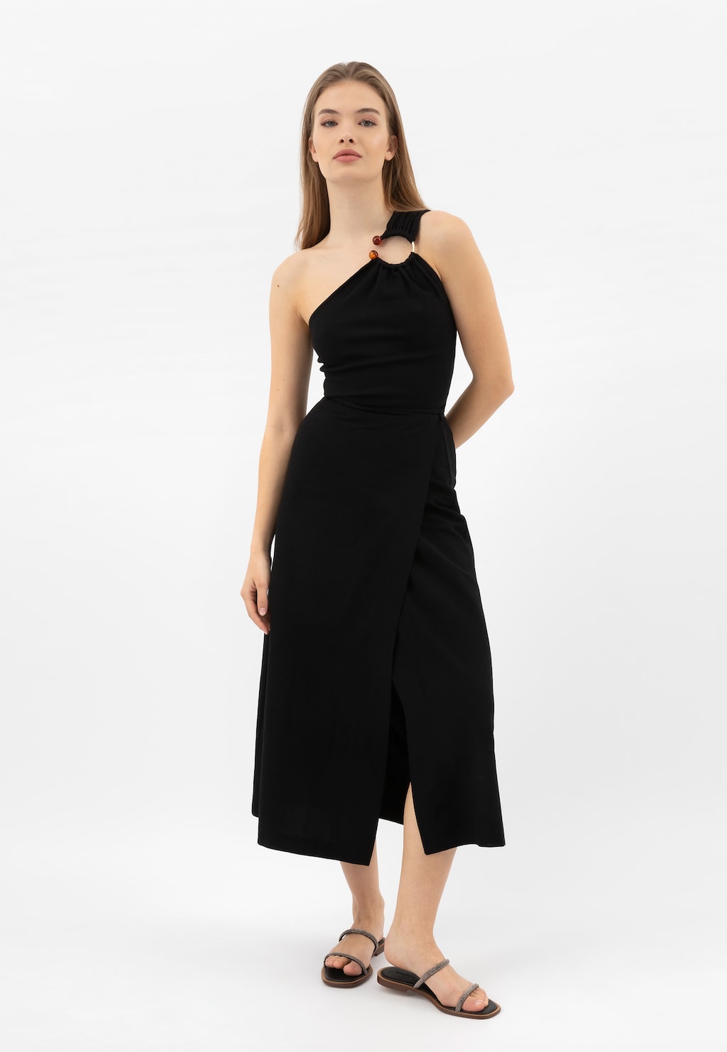 Czarne płaskie klapki zdobione kryształkami 74130-11 Widok 9