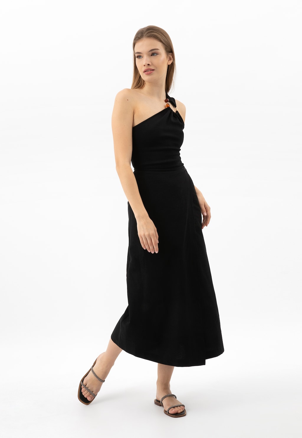 Czarne płaskie klapki zdobione kryształkami 74130-11 Widok 1