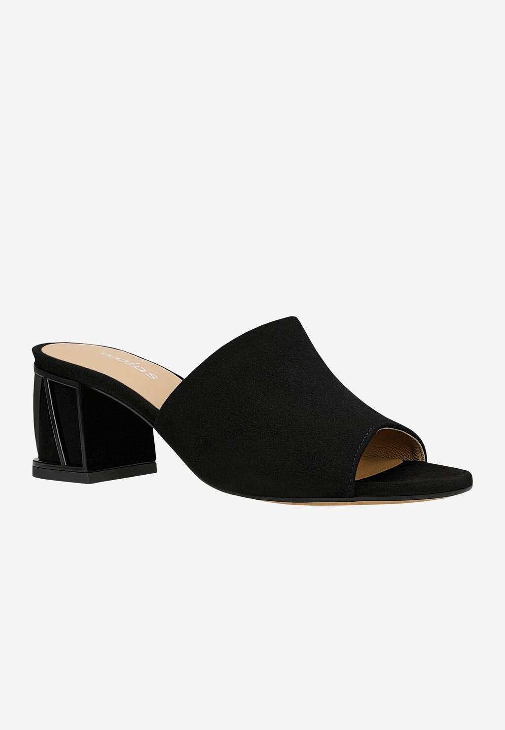 Černé pantofle z velurové kůže na širokém lakovaném podpatku 74146-61 Widok 3
