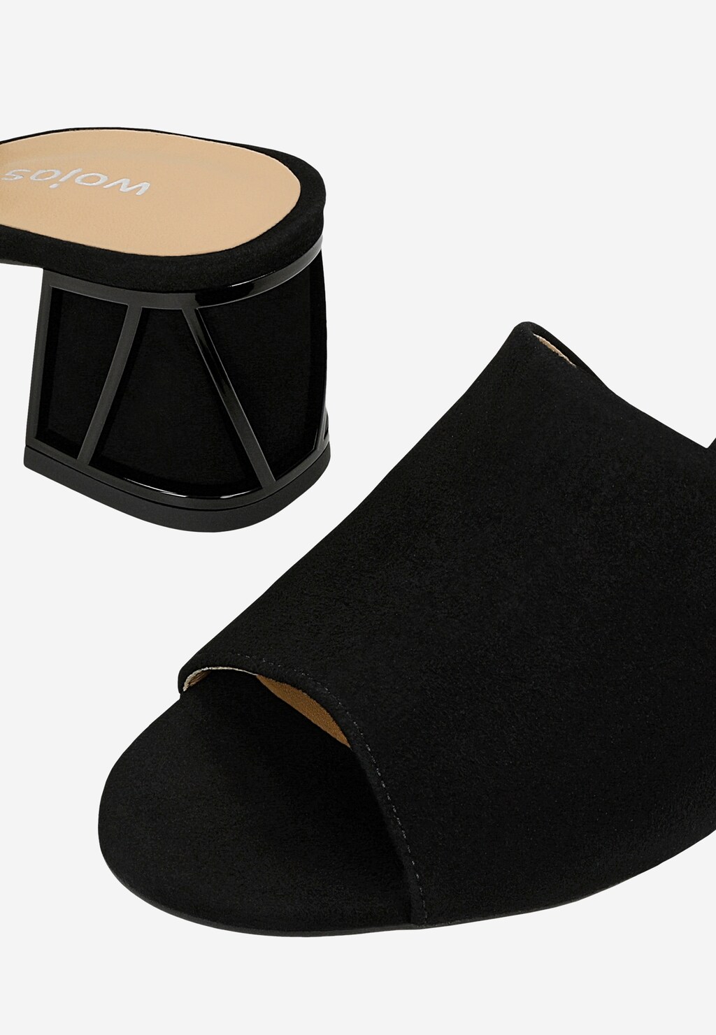 Černé pantofle z velurové kůže na širokém lakovaném podpatku 74146-61 Widok 7