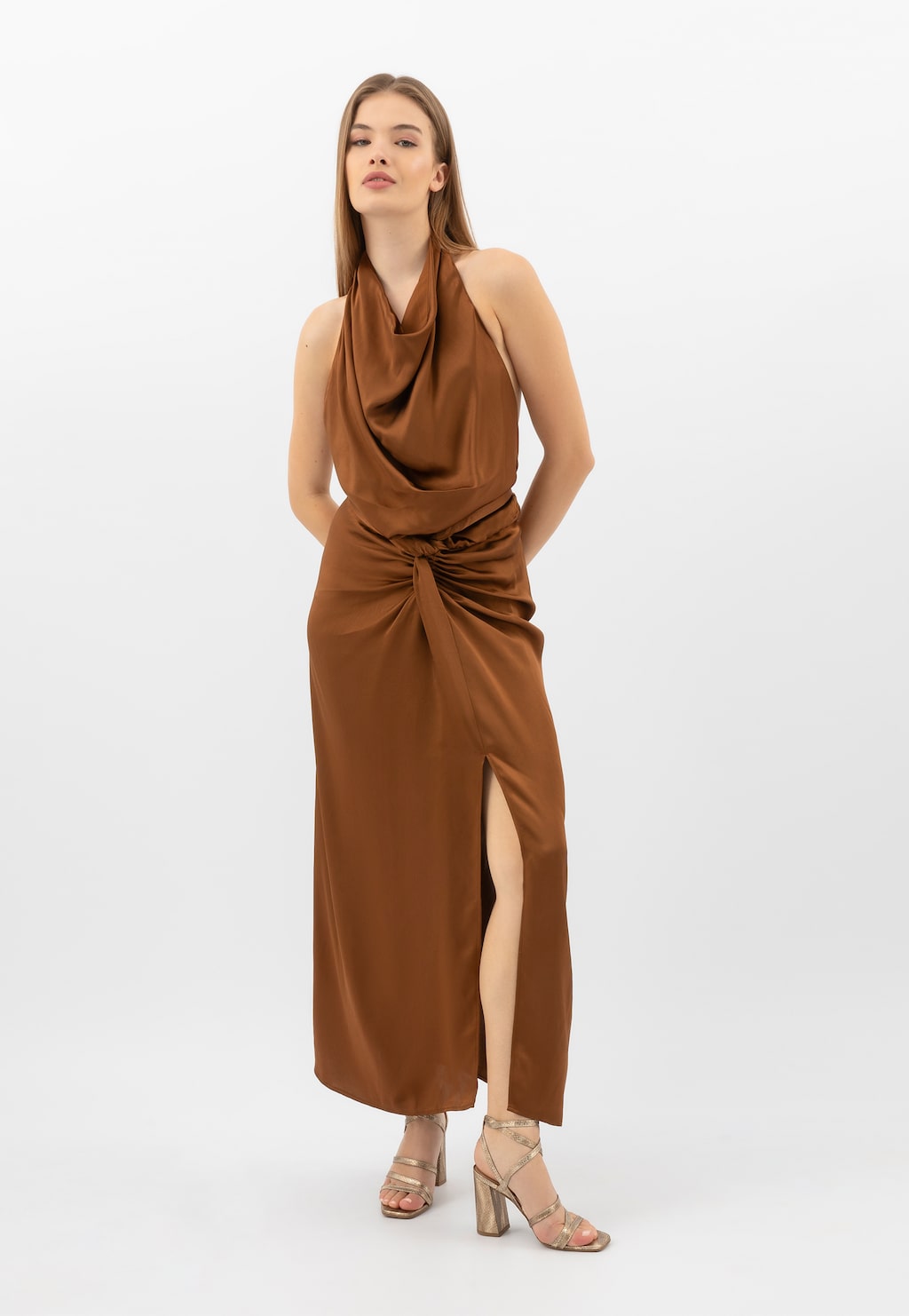 Zlaté sandály na sloupku z lisované kůže 76174-58 Widok 10