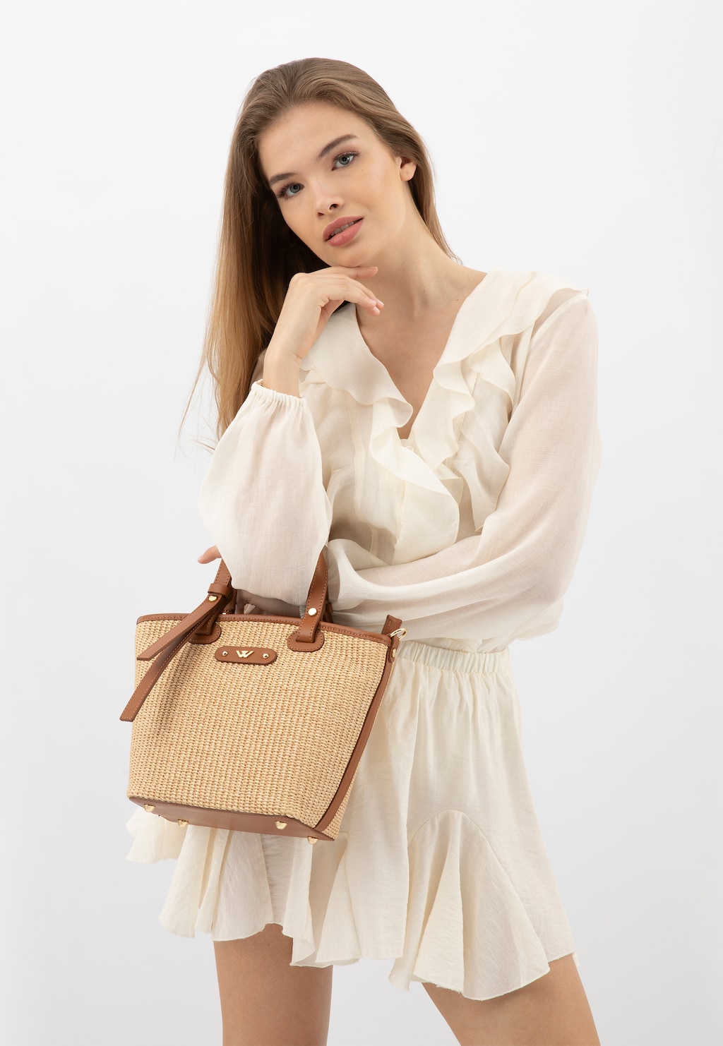 Béžová pletená dámská kabelka s koženými vložkami 80339-83 Widok 1