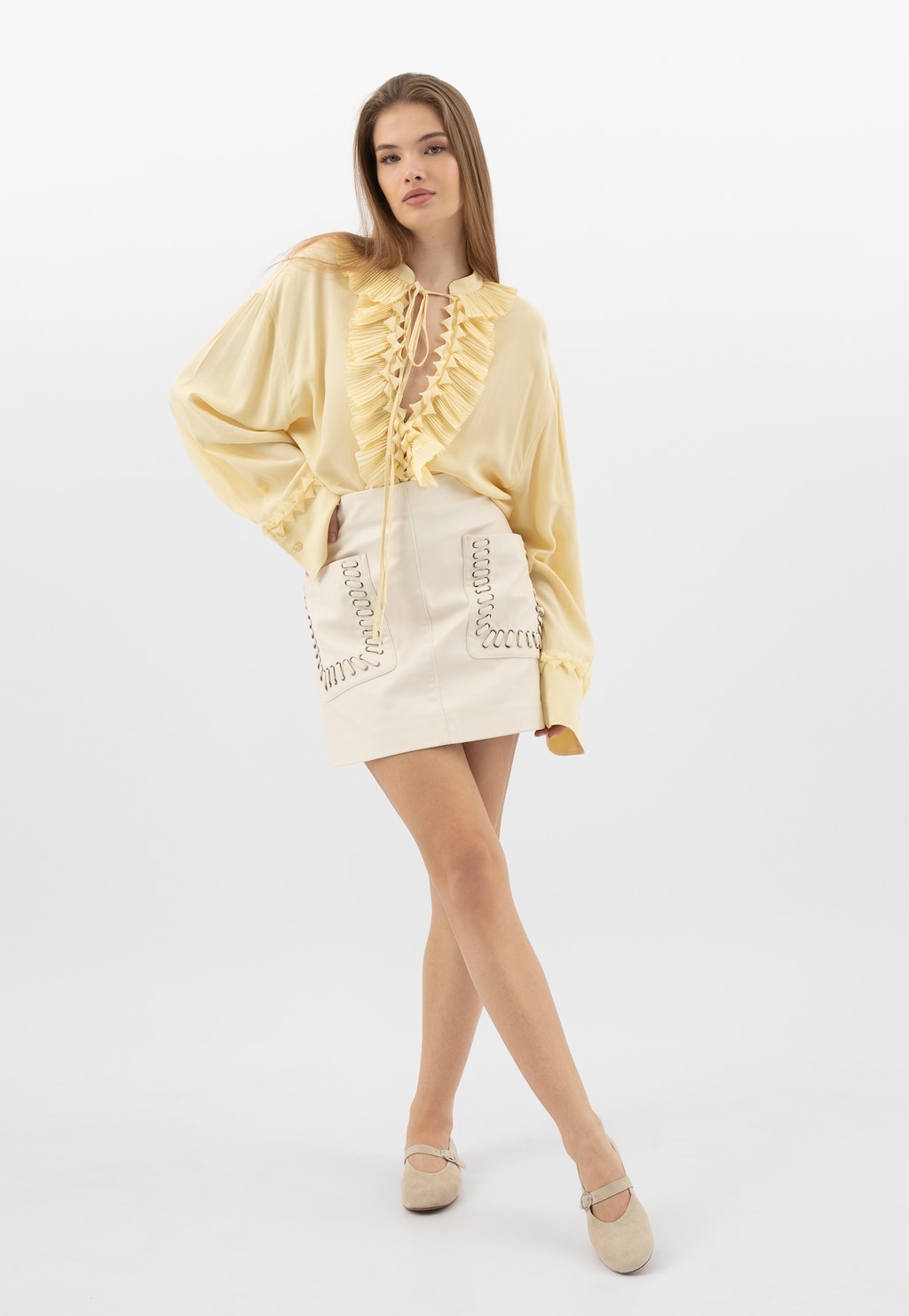 Béžové baleríny Mary Jane ze semiškové štípené kůže 44058-64 Widok 10