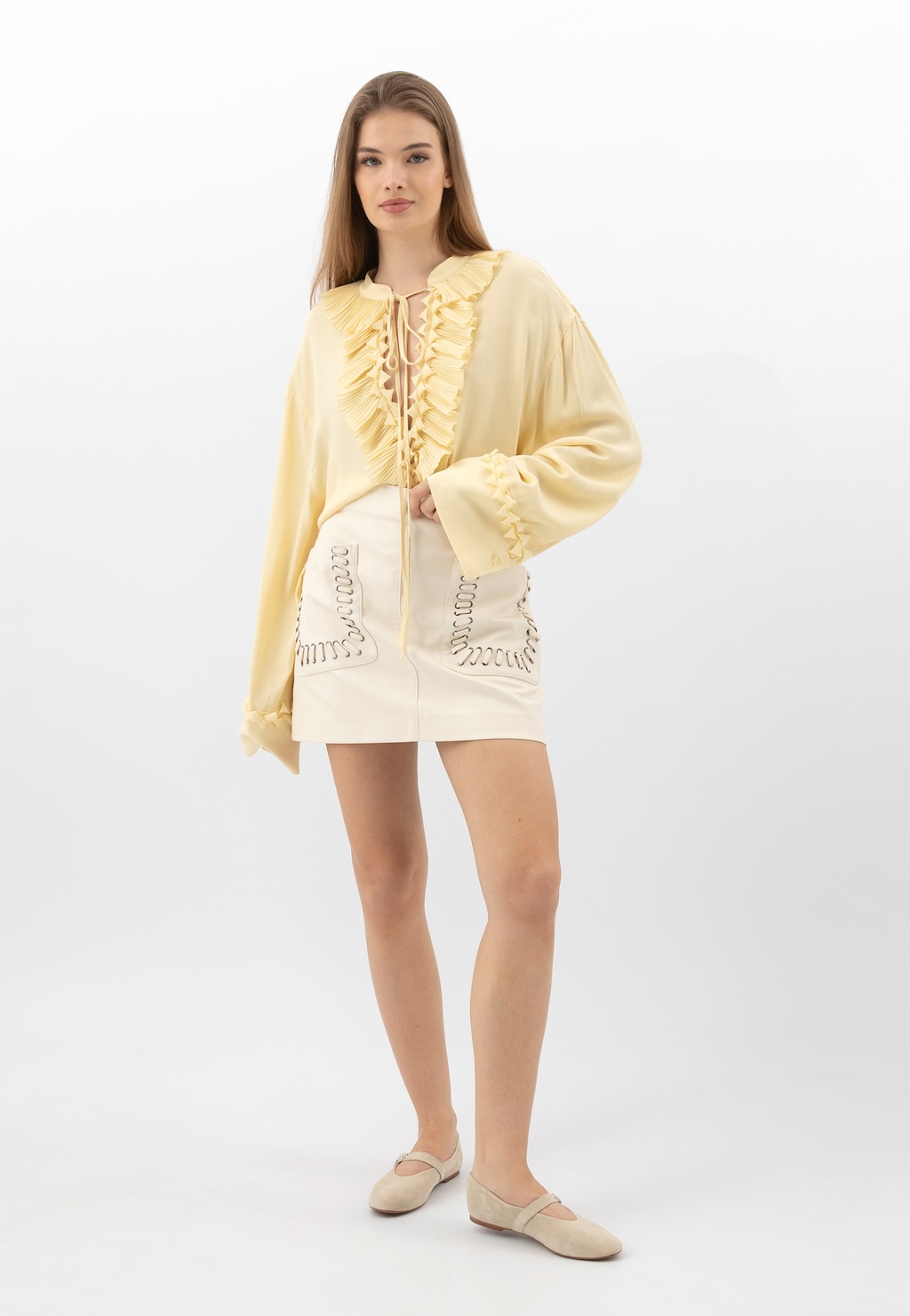 Béžové baleríny Mary Jane ze semiškové štípené kůže 44058-64 Widok 1