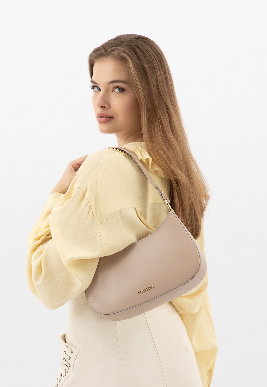 Béžová kožená kabelka typu bageta s asymetrickým tvarom 80411-54 Widok 9