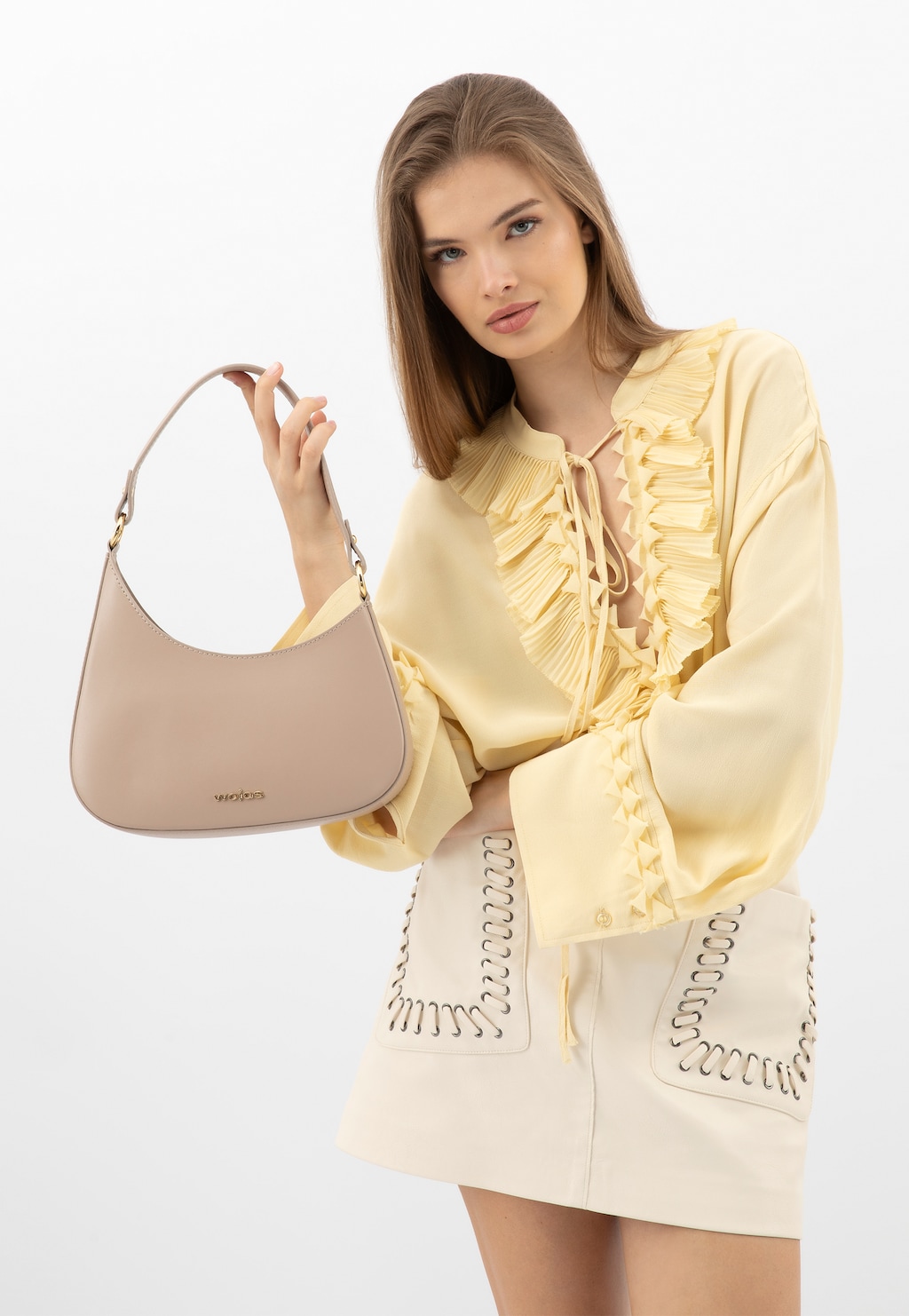 Béžová kožená kabelka typu bageta s asymetrickým tvarom 80411-54 Widok 1