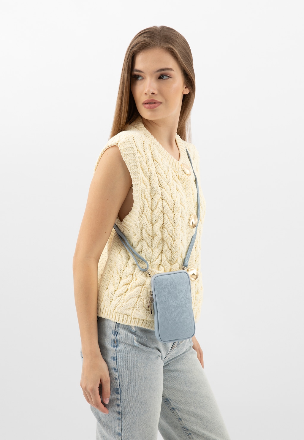 Skórzana torebka na telefon w kolorze baby blue 80103-56 Widok 8