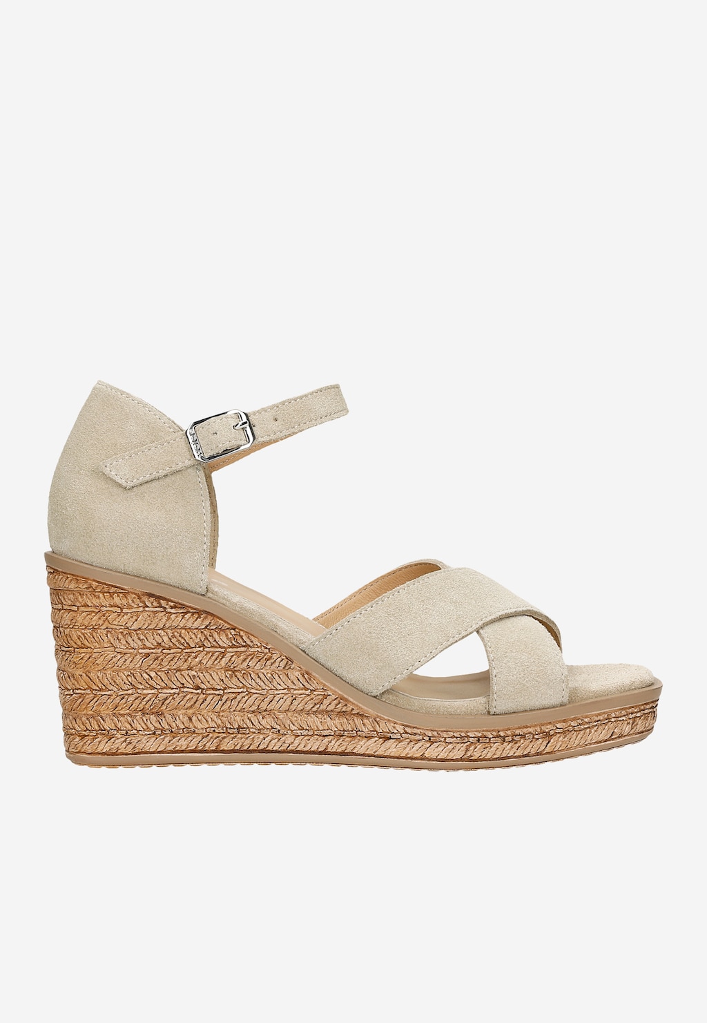 Beżowe sandały z dwoiny welurowej na koturnie 76149-64 Widok 2