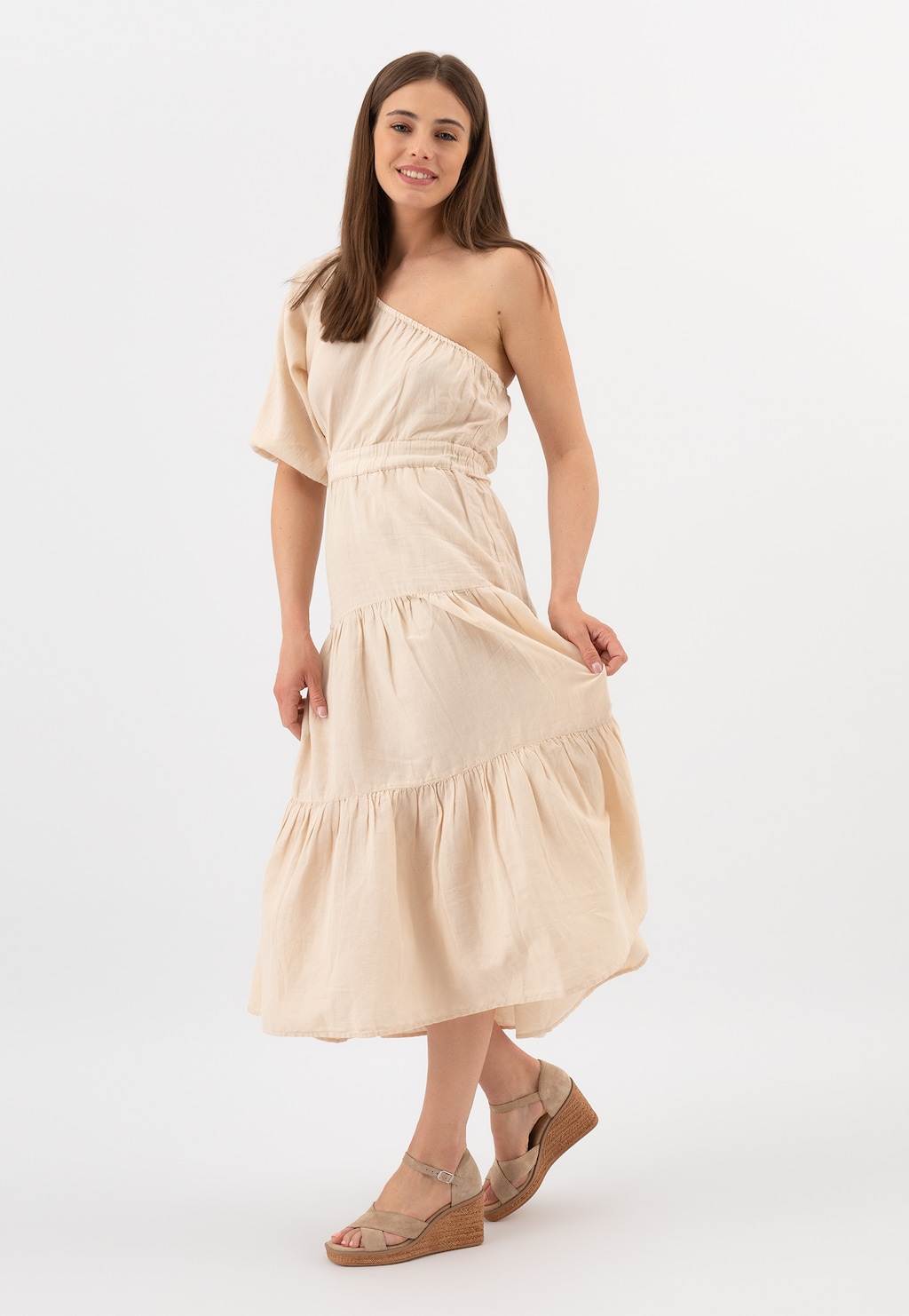 Beżowe sandały z dwoiny welurowej na koturnie 76149-64 Widok 1