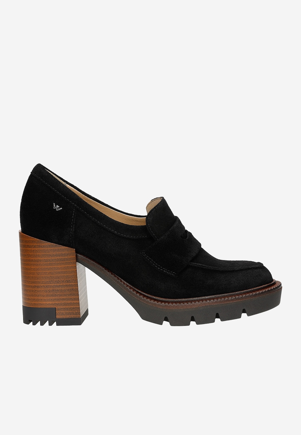 Czarne mokasyny damskie z dwoiny welurowej na obcasie 46239-61 Widok 2