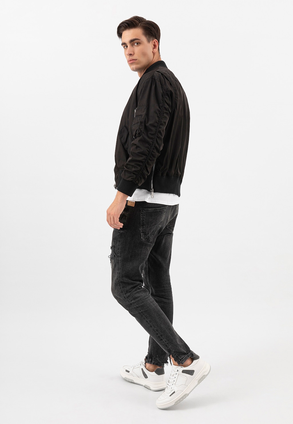 Biało-popielate półbuty męskie ze skóry naturalnej 10093-79 Widok 7