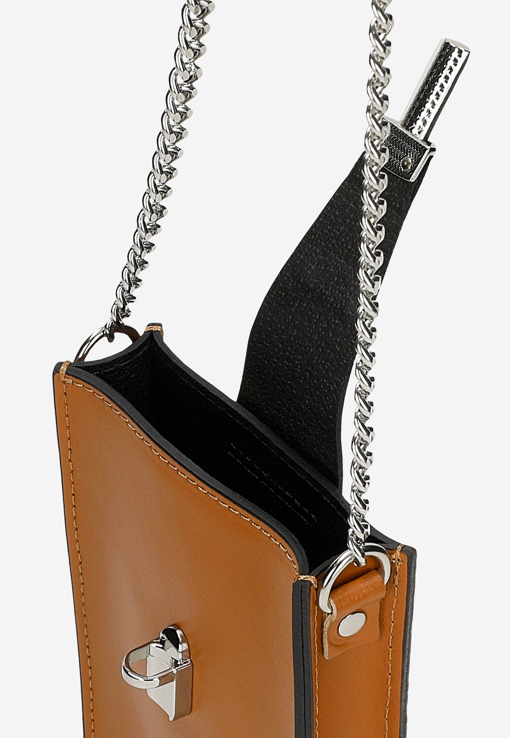 Jasnobrązowa skórzana torebka na telefon ze srebrnym łańcuszkiem 80181-53 Widok 6