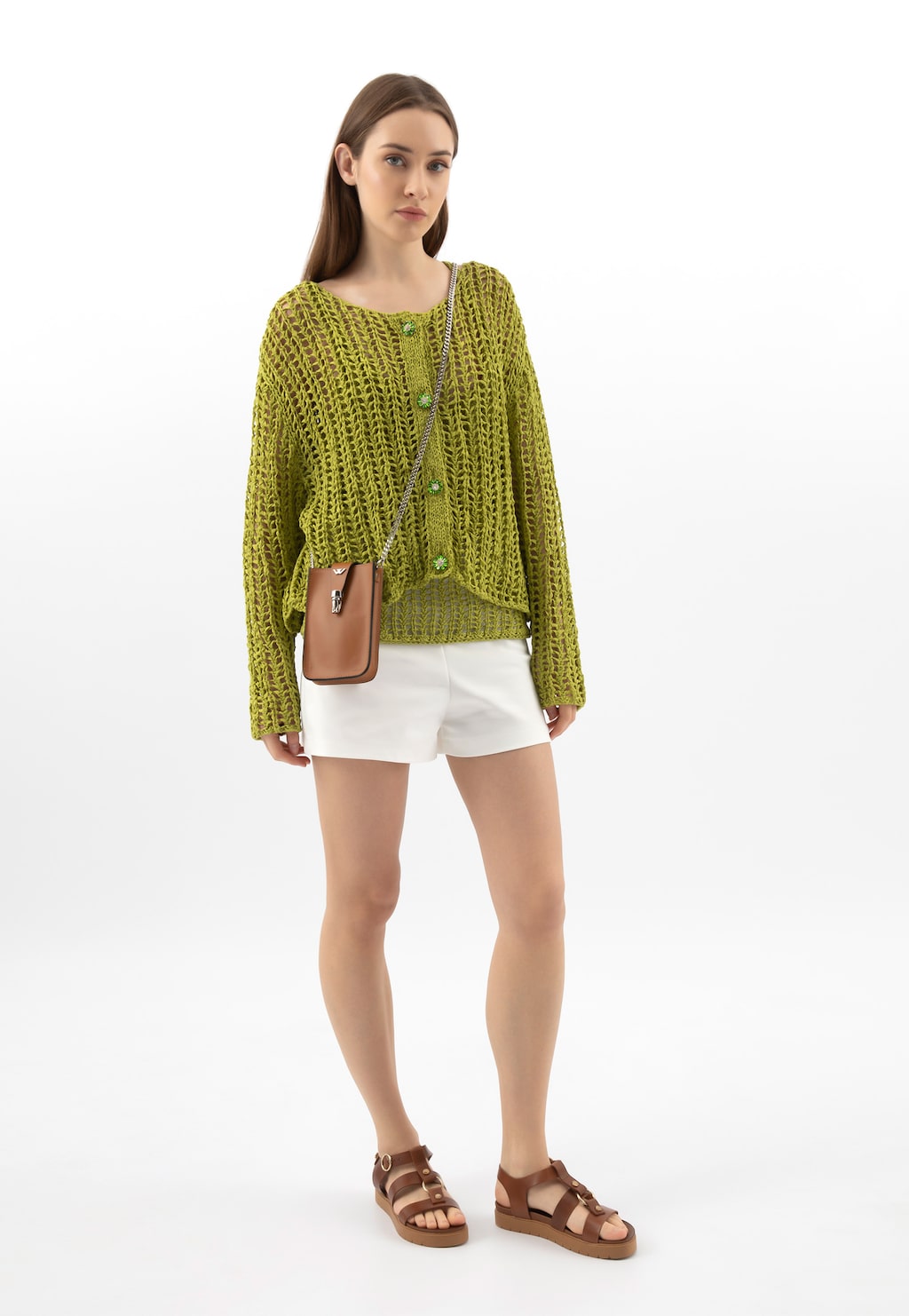 Jasnobrązowa skórzana torebka na telefon ze srebrnym łańcuszkiem 80181-53 Widok 8