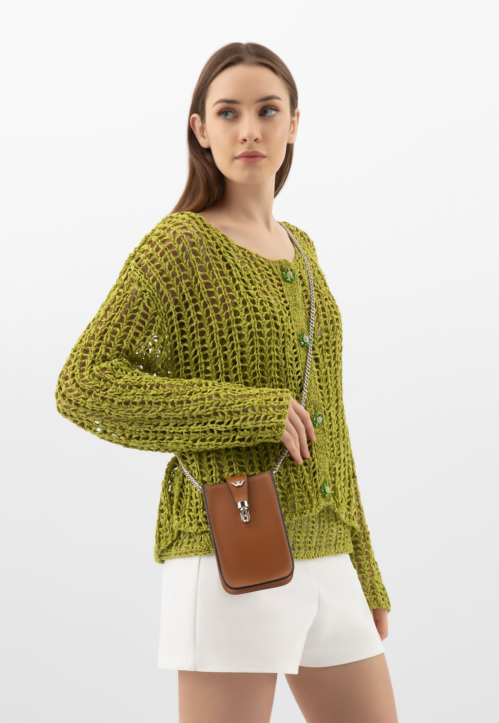 Jasnobrązowa skórzana torebka na telefon ze srebrnym łańcuszkiem 80181-53 Widok 9